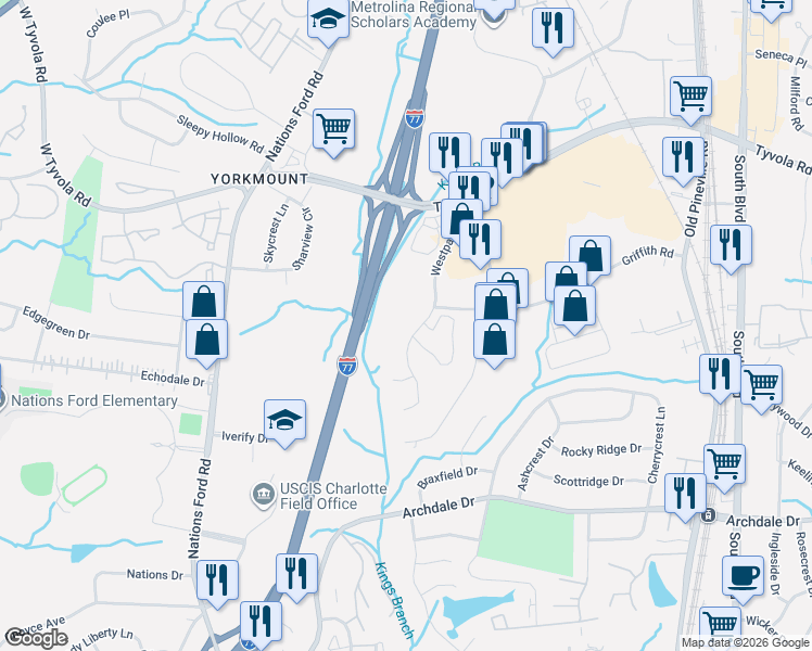 map of restaurants, bars, coffee shops, grocery stores, and more near 5747 Westpark Drive in Charlotte