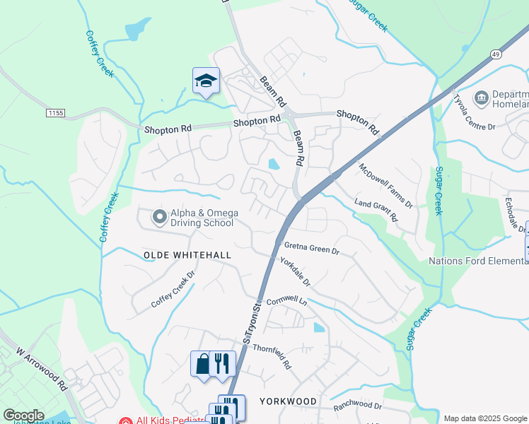 map of restaurants, bars, coffee shops, grocery stores, and more near 2428 Yorkdale Drive in Charlotte