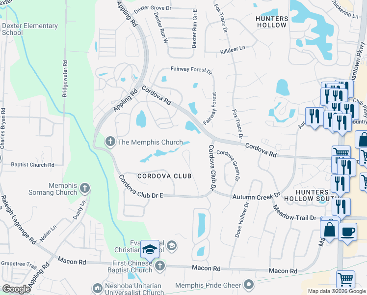 map of restaurants, bars, coffee shops, grocery stores, and more near 1223 Palmina Cove in Shelby County