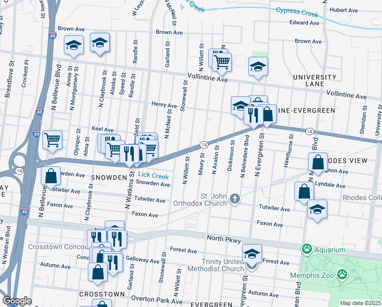 map of restaurants, bars, coffee shops, grocery stores, and more near 725 North Willett Street in Memphis