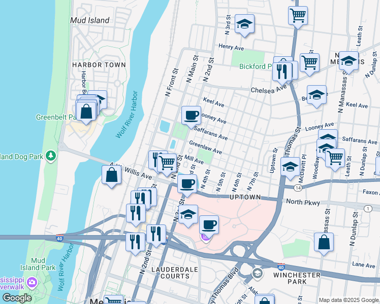 map of restaurants, bars, coffee shops, grocery stores, and more near 519 North 3rd Street in Memphis