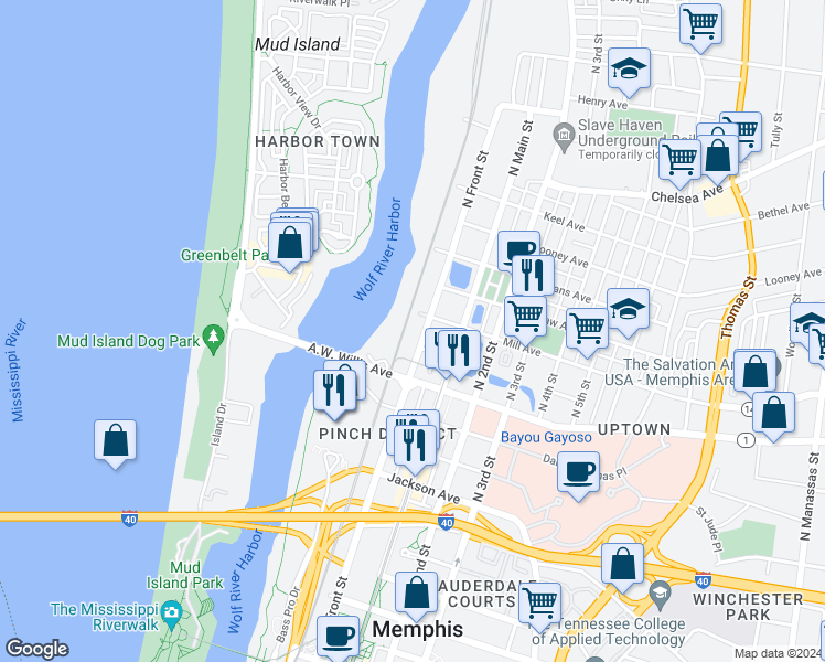 map of restaurants, bars, coffee shops, grocery stores, and more near 493 North Front Street in Memphis