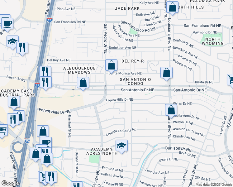 map of restaurants, bars, coffee shops, grocery stores, and more near in Albuquerque