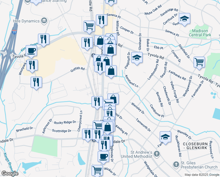map of restaurants, bars, coffee shops, grocery stores, and more near 1322 Beacon Ridge Road in Charlotte