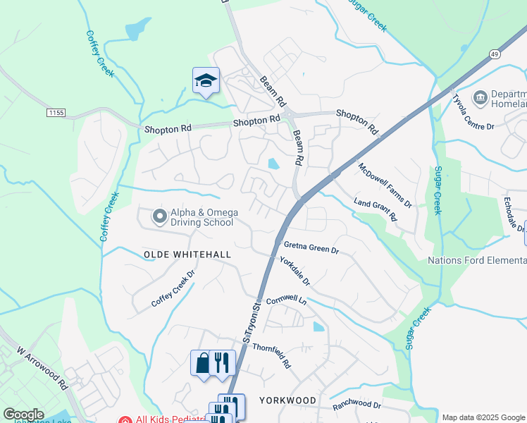 map of restaurants, bars, coffee shops, grocery stores, and more near 7013 Elm Hill Court in Charlotte