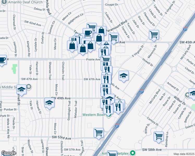 map of restaurants, bars, coffee shops, grocery stores, and more near 4625 Buffalo Trail in Amarillo