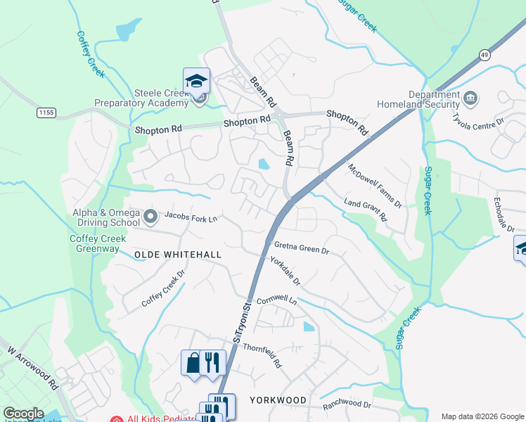 map of restaurants, bars, coffee shops, grocery stores, and more near 7100 Spring Creek Lane in Charlotte