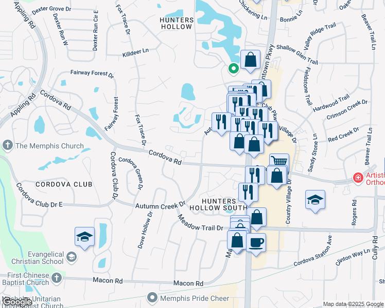 map of restaurants, bars, coffee shops, grocery stores, and more near 7898 Autumn Hollow Drive in Memphis