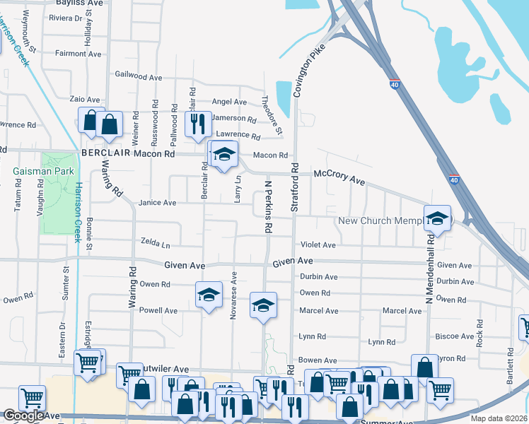map of restaurants, bars, coffee shops, grocery stores, and more near 4607 South Janice Circle in Memphis