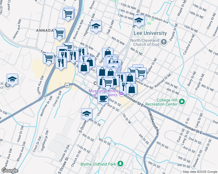 map of restaurants, bars, coffee shops, grocery stores, and more near 44 Inman Street East in Cleveland