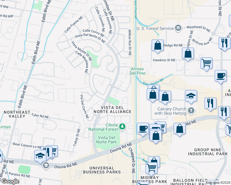 map of restaurants, bars, coffee shops, grocery stores, and more near 1400 Villa Los Ranchos Northeast in Albuquerque