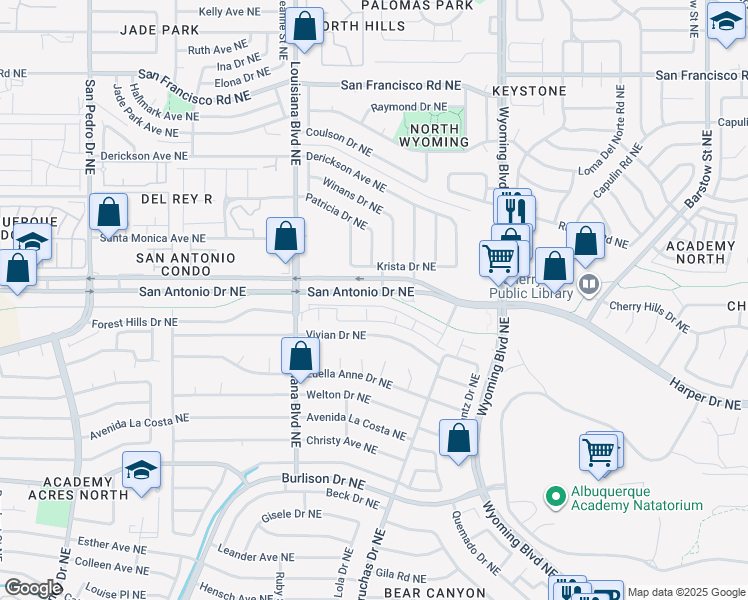 map of restaurants, bars, coffee shops, grocery stores, and more near 800 Forest Hills Drive Northeast in Albuquerque