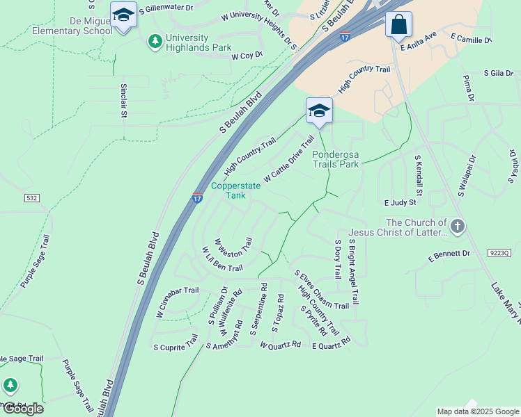 map of restaurants, bars, coffee shops, grocery stores, and more near 863 West Lone Star Trail in Flagstaff