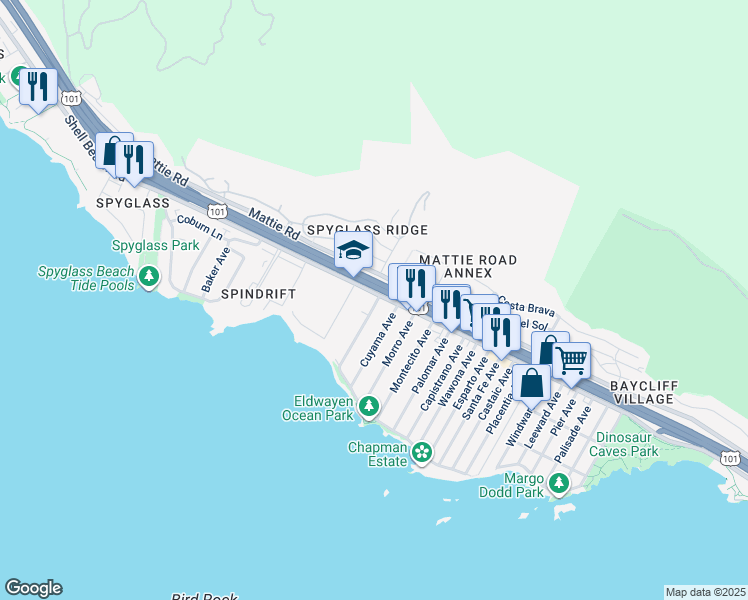 map of restaurants, bars, coffee shops, grocery stores, and more near 135 Vista Del Mar Avenue in Pismo Beach