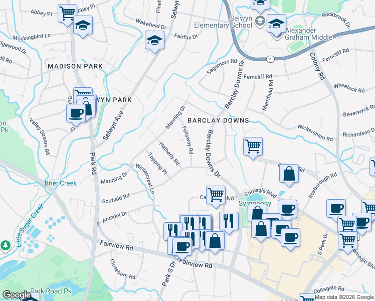 map of restaurants, bars, coffee shops, grocery stores, and more near 2527 Hatherly Road in Charlotte