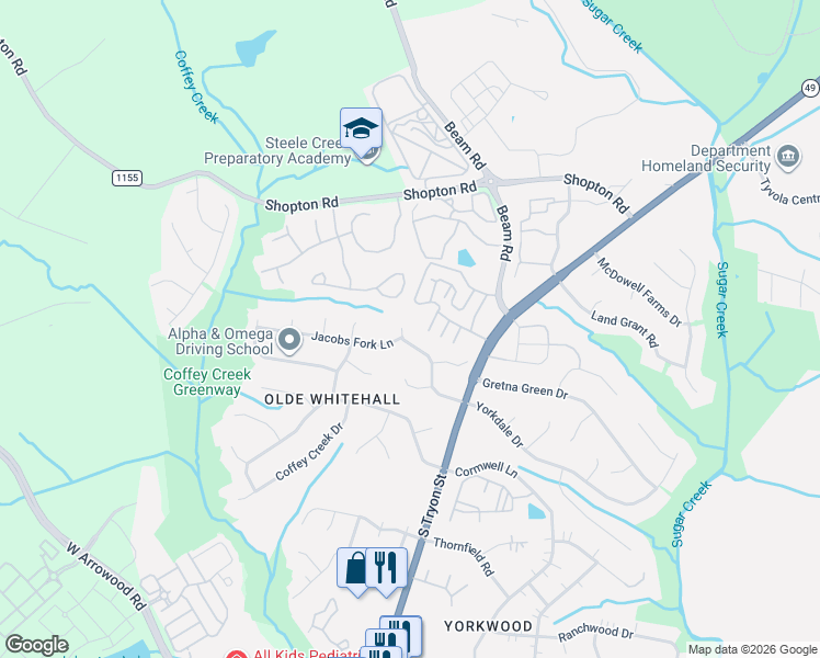 map of restaurants, bars, coffee shops, grocery stores, and more near 2519 Yorkdale Drive in Charlotte