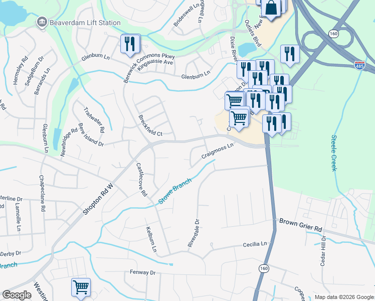 map of restaurants, bars, coffee shops, grocery stores, and more near 5529 Tipperlinn Way in Charlotte