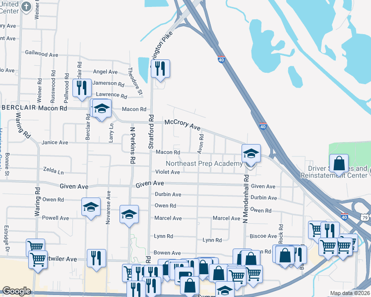 map of restaurants, bars, coffee shops, grocery stores, and more near 4745 Macon Road in Memphis