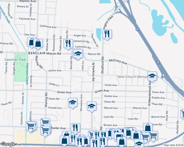 map of restaurants, bars, coffee shops, grocery stores, and more near 4607 South Janice Circle in Memphis