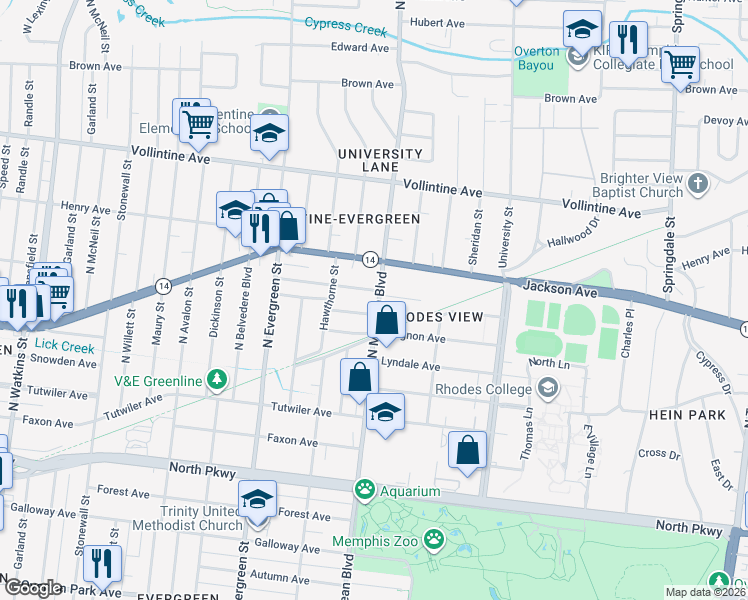 map of restaurants, bars, coffee shops, grocery stores, and more near 1839 Mignon Avenue in Memphis
