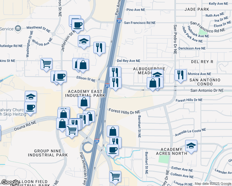 map of restaurants, bars, coffee shops, grocery stores, and more near 5200 San Antonio Drive Northeast in Albuquerque
