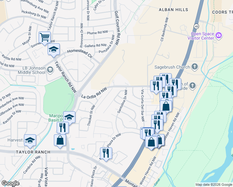 map of restaurants, bars, coffee shops, grocery stores, and more near 6321 Prairie Sage Drive Northwest in Albuquerque