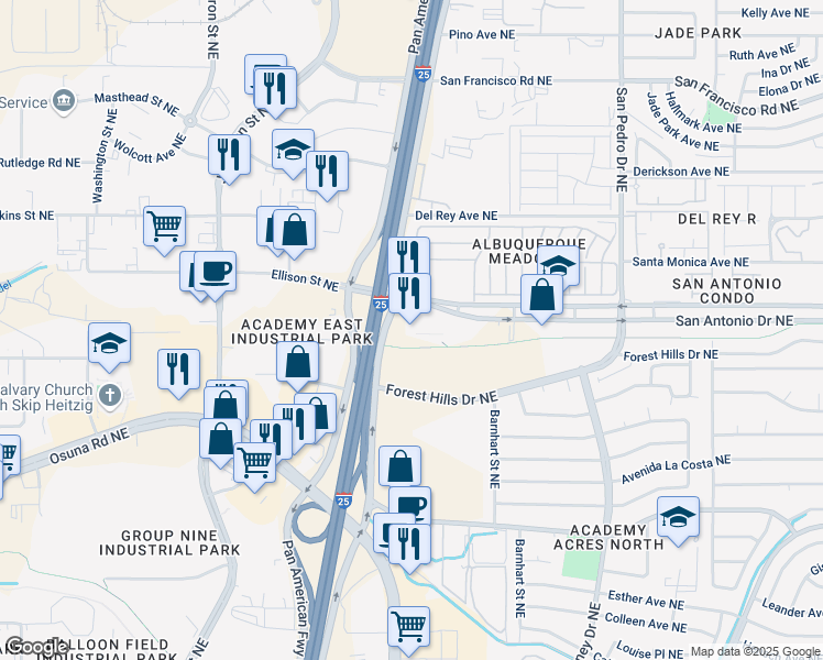 map of restaurants, bars, coffee shops, grocery stores, and more near 5200 San Antonio Drive Northeast in Albuquerque