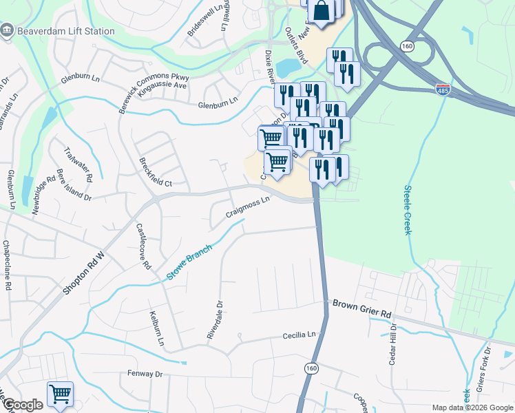 map of restaurants, bars, coffee shops, grocery stores, and more near 4600 Riverdale Drive in Charlotte
