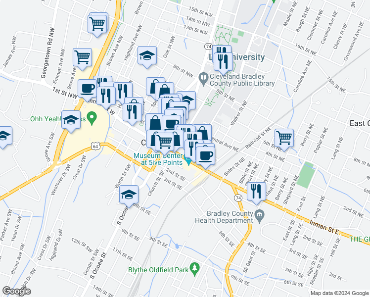 map of restaurants, bars, coffee shops, grocery stores, and more near 44 Inman Street East in Cleveland