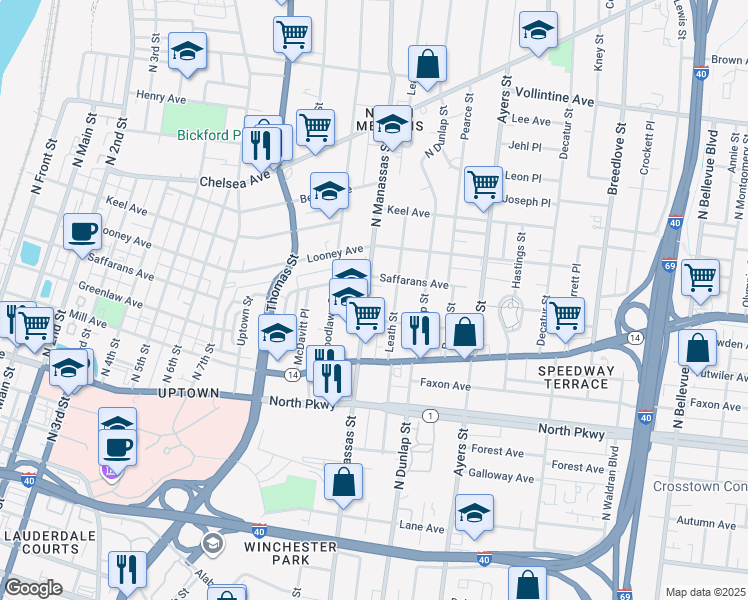 map of restaurants, bars, coffee shops, grocery stores, and more near 656 North Manassas Street in Memphis