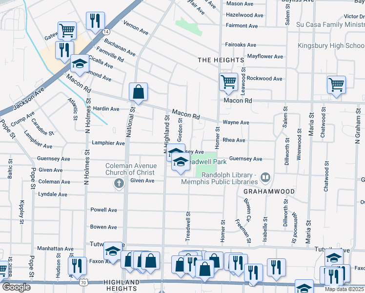 map of restaurants, bars, coffee shops, grocery stores, and more near 994 Gordon Street in Memphis