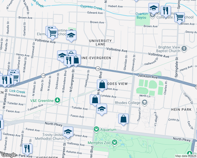 map of restaurants, bars, coffee shops, grocery stores, and more near 1839 Mignon Avenue in Memphis