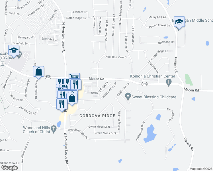 map of restaurants, bars, coffee shops, grocery stores, and more near 10257 Sterling Ridge Drive in Shelby County