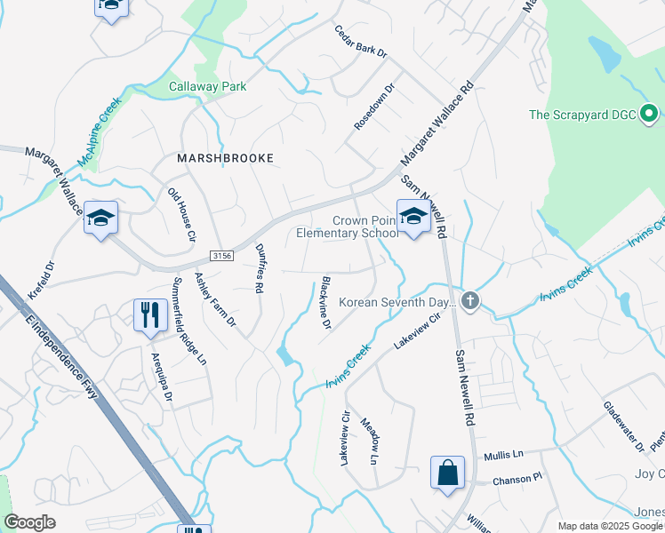 map of restaurants, bars, coffee shops, grocery stores, and more near 3401 Oak Tree Trail in Matthews