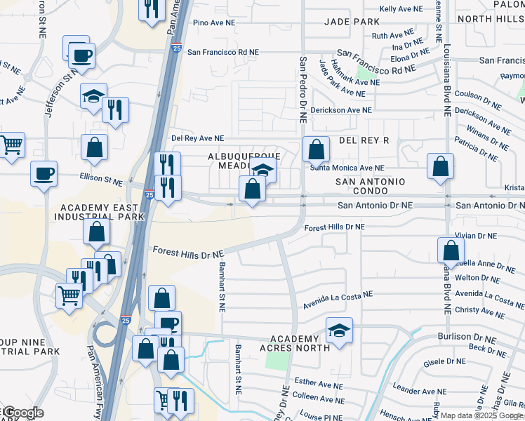 map of restaurants, bars, coffee shops, grocery stores, and more near 6301 Forest Hills Drive Northeast in Albuquerque