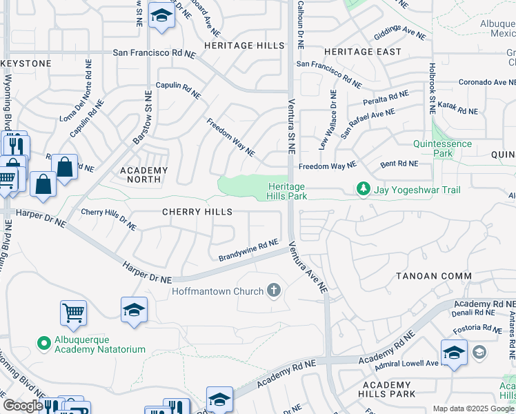 map of restaurants, bars, coffee shops, grocery stores, and more near 7005 Old Orchard Lane Northeast in Albuquerque