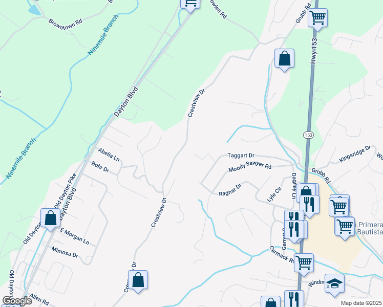 map of restaurants, bars, coffee shops, grocery stores, and more near 5700 Jana Lane in Chattanooga