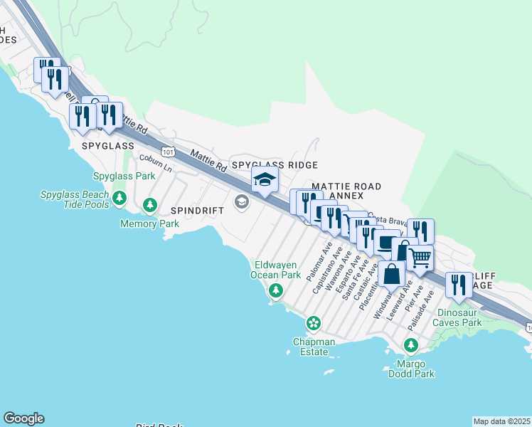 map of restaurants, bars, coffee shops, grocery stores, and more near 125 Terrace Avenue in Pismo Beach