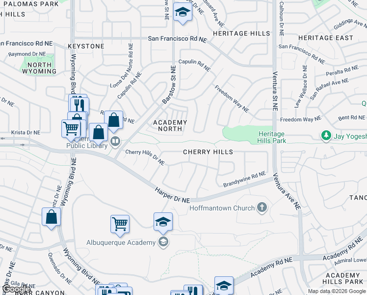 map of restaurants, bars, coffee shops, grocery stores, and more near 8409 Cherry Hills Drive Northeast in Albuquerque