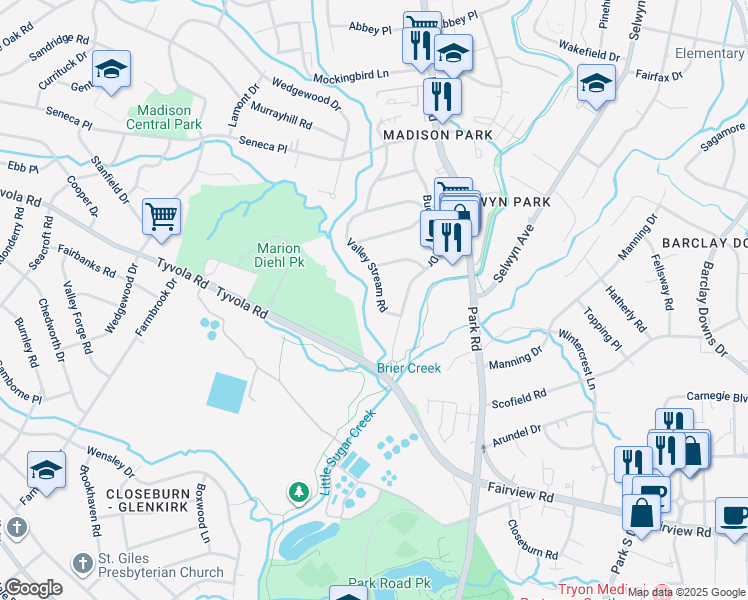 map of restaurants, bars, coffee shops, grocery stores, and more near 5228 Valley Stream Road in Charlotte