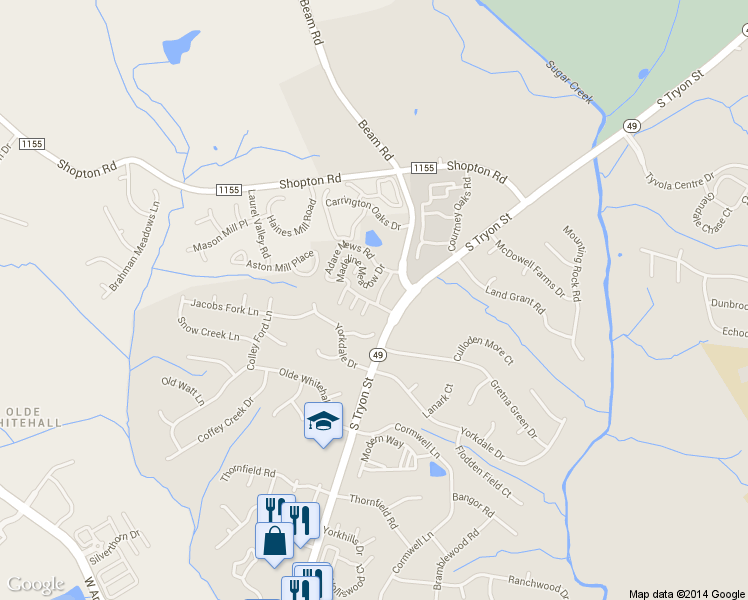 map of restaurants, bars, coffee shops, grocery stores, and more near 7014 Elm Hill Court in Charlotte