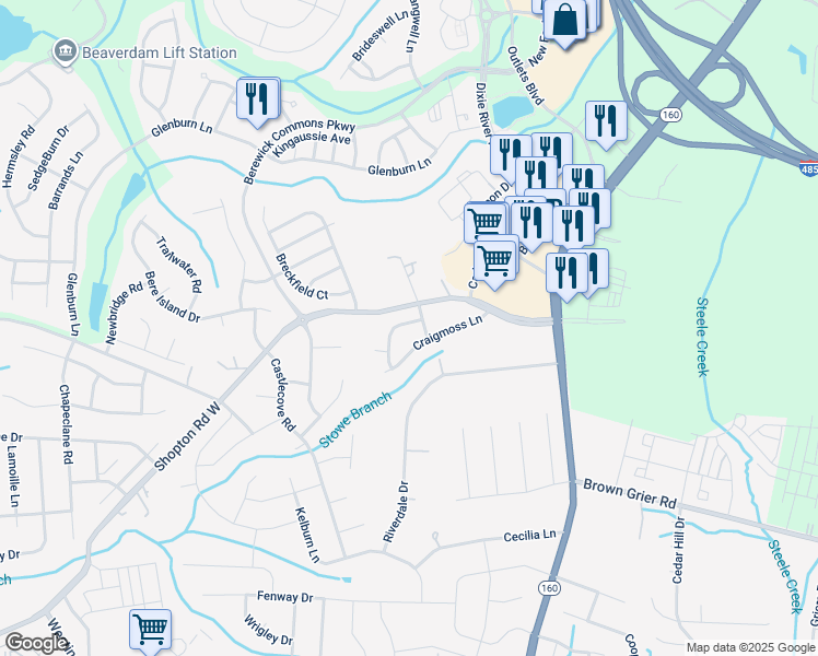 map of restaurants, bars, coffee shops, grocery stores, and more near 4725 Craigmoss Lane in Charlotte