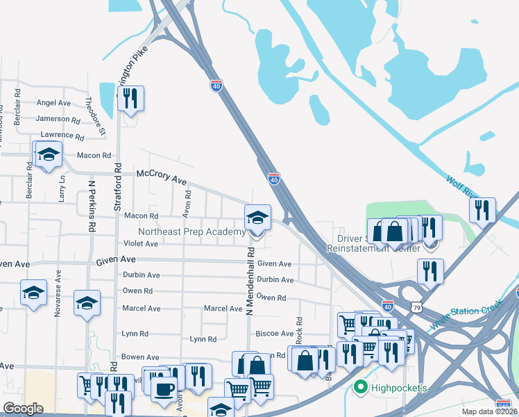 map of restaurants, bars, coffee shops, grocery stores, and more near 4917 Macon Road in Memphis