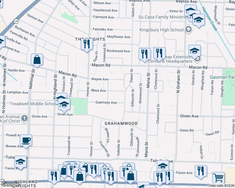 map of restaurants, bars, coffee shops, grocery stores, and more near 3756 Guernsey Avenue in Memphis