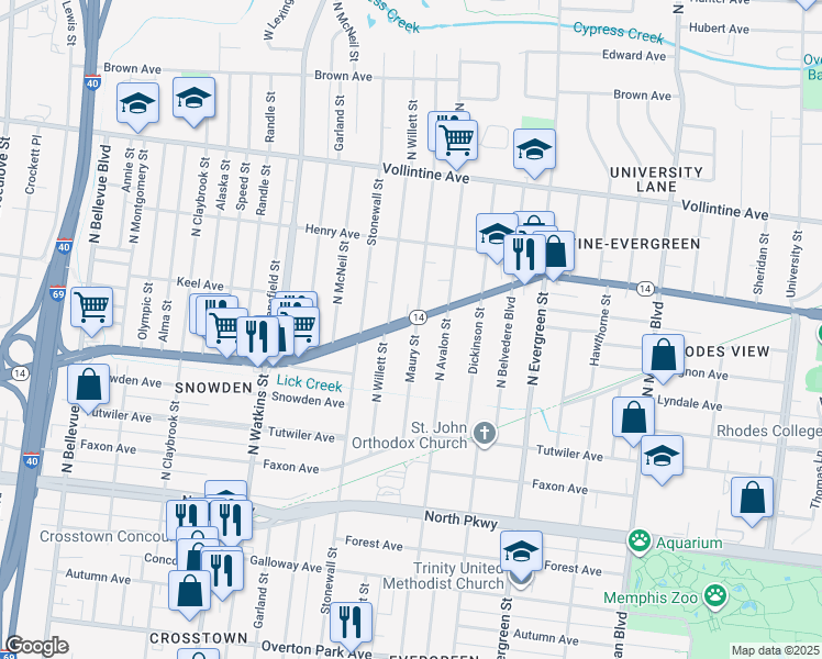 map of restaurants, bars, coffee shops, grocery stores, and more near 730 Maury Street in Memphis