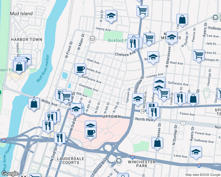 map of restaurants, bars, coffee shops, grocery stores, and more near 574 North 6th Street in Memphis