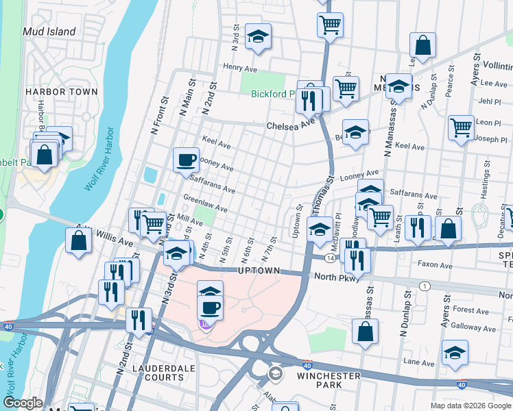 map of restaurants, bars, coffee shops, grocery stores, and more near 574 North 6th Street in Memphis