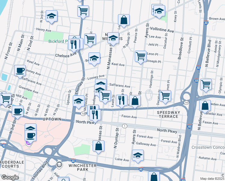 map of restaurants, bars, coffee shops, grocery stores, and more near 660 Leath Street in Memphis