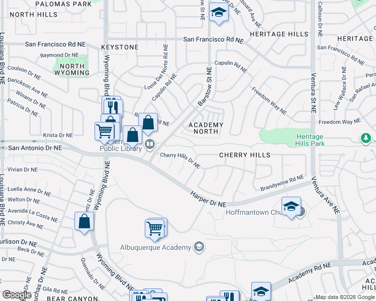 map of restaurants, bars, coffee shops, grocery stores, and more near 8305 Cherry Hills Drive Northeast in Albuquerque
