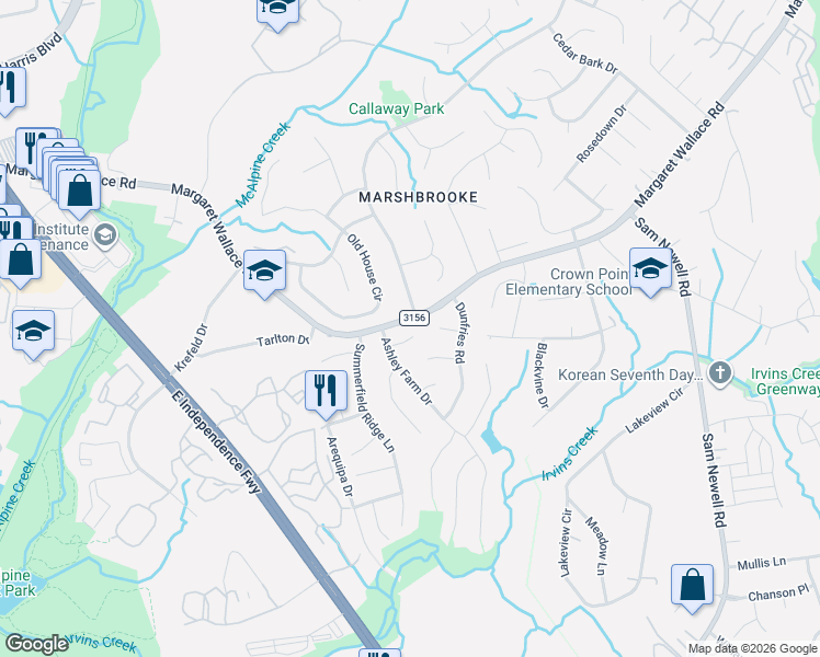 map of restaurants, bars, coffee shops, grocery stores, and more near 3205 Nedmore Court in Matthews